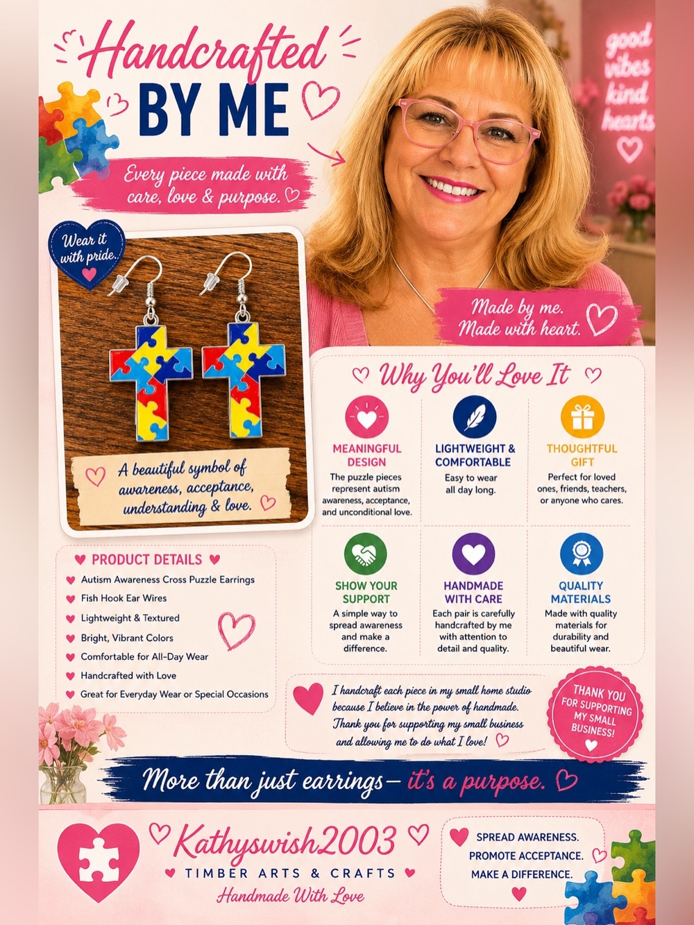 Autism Awareness Cross Puzzle Earrings - Picture 5 of 16